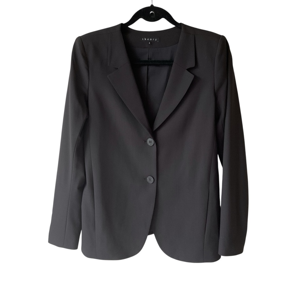 Theory Wool Blend Collarless Double Button Black Blazer Size 8